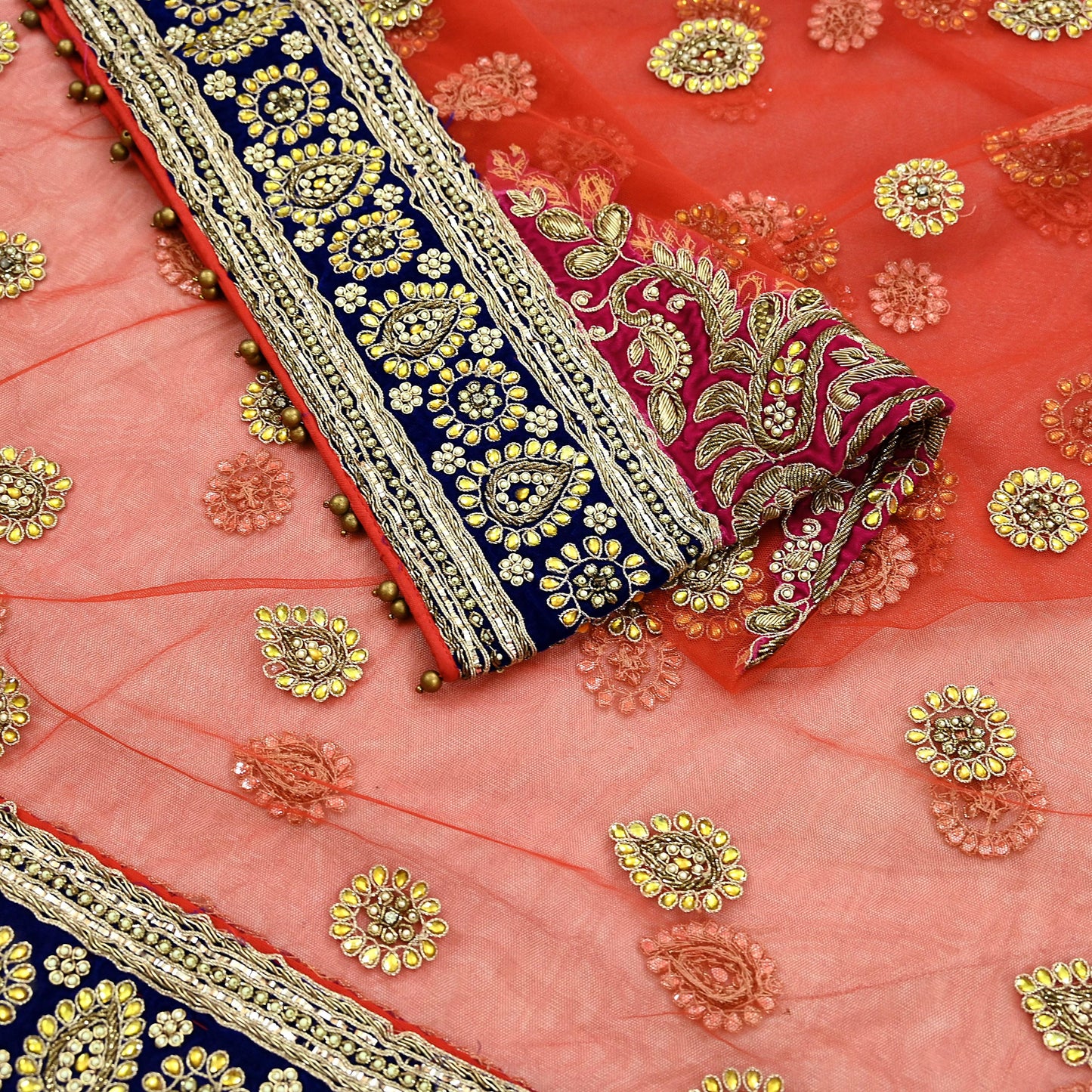 Indian Vintage Heavy Bridal Orange Dupatta Net Mesh Long Stole Hand Embroidered Scarves Golden Zardozi Dabka Zari Sequins Wedding Veil Hijab