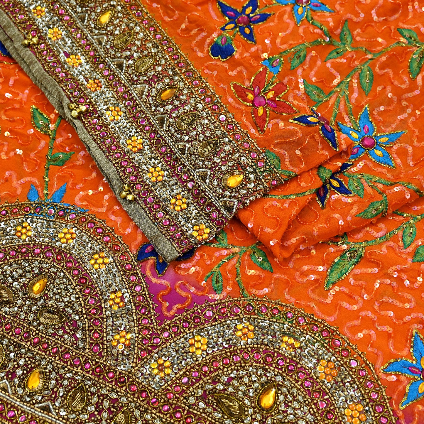 Indian Vintage Heavy Bridal Dupatta Orange Pure Georgette Silk Long Stole Hand Embroidered Scarf Zardozi/Dabka Zari Wedding/Party Dupatta