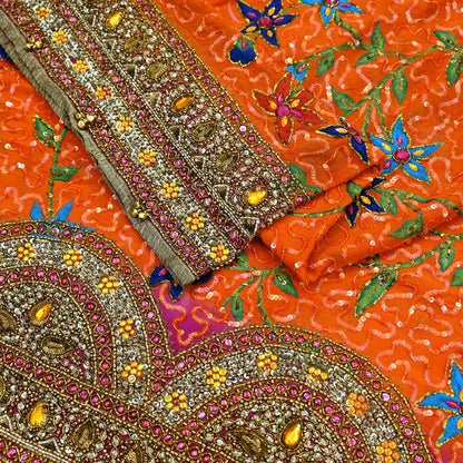 Indian Vintage Heavy Bridal Dupatta Orange Pure Georgette Silk Long Stole Hand Embroidered Scarf Zardozi/Dabka Zari Wedding/Party Dupatta
