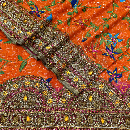 Indian Vintage Heavy Bridal Dupatta Orange Pure Georgette Silk Long Stole Hand Embroidered Scarf Zardozi/Dabka Zari Wedding/Party Dupatta