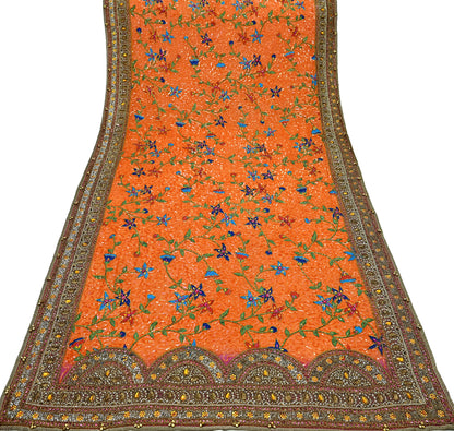 Indian Vintage Heavy Bridal Dupatta Orange Pure Georgette Silk Long Stole Hand Embroidered Scarf Zardozi/Dabka Zari Wedding/Party Dupatta