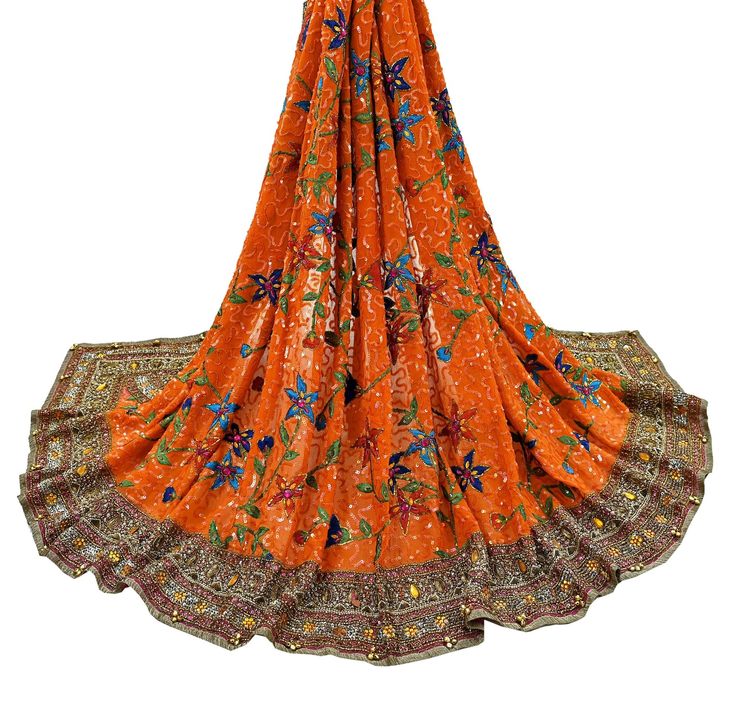 Indian Vintage Heavy Bridal Dupatta Orange Pure Georgette Silk Long Stole Hand Embroidered Scarf Zardozi/Dabka Zari Wedding/Party Dupatta