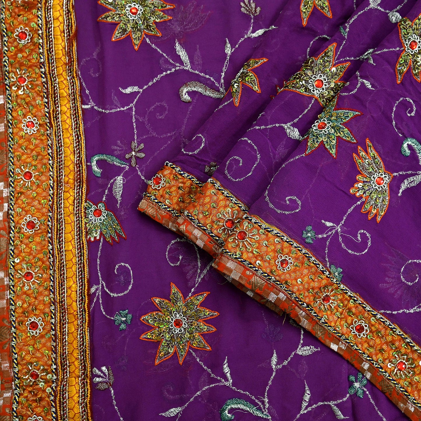 Indian Vintage Heavy Purple Dupatta Pure Georgette Silk Long Stole Hand Embroidered  Scarves Zardozi