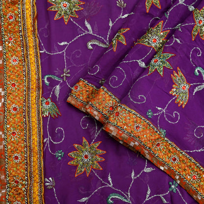 Indian Vintage Heavy Purple Dupatta Pure Georgette Silk Long Stole Hand Embroidered  Scarves Zardozi