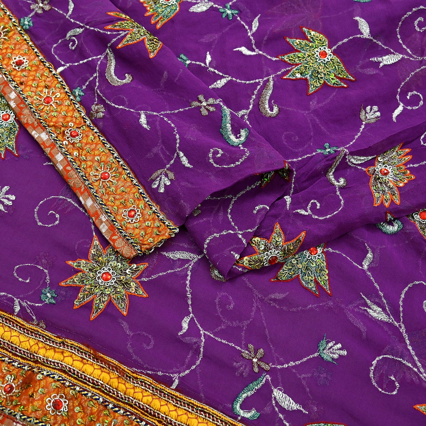 Indian Vintage Heavy Purple Dupatta Pure Georgette Silk Long Stole Hand Embroidered  Scarves Zardozi
