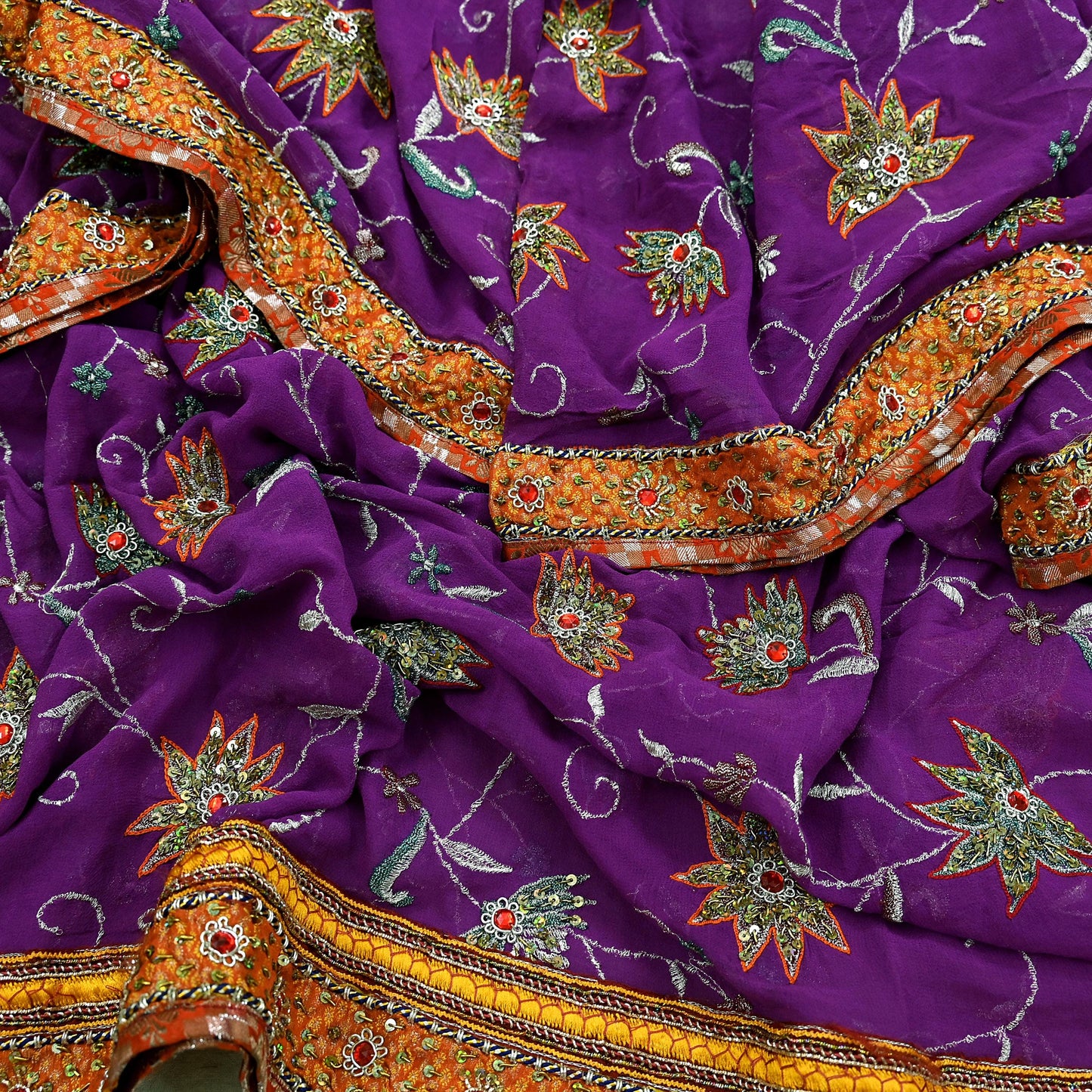 Indian Vintage Heavy Purple Dupatta Pure Georgette Silk Long Stole Hand Embroidered  Scarves Zardozi