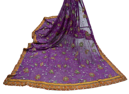 Indian Vintage Heavy Purple Dupatta Pure Georgette Silk Long Stole Hand Embroidered  Scarves Zardozi