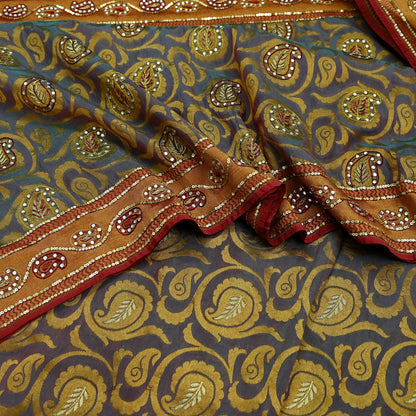 Indian Vintage Kanjivaram Saree Heavy Hand Embroidered Pure Silk Purple & Saffron Bridal Fabric 5 Yards Dress Making Bollywood Sarees