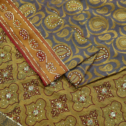 Indian Vintage Kanjivaram Saree Heavy Hand Embroidered Pure Silk Purple & Saffron Bridal Fabric 5 Yards Dress Making Bollywood Sarees