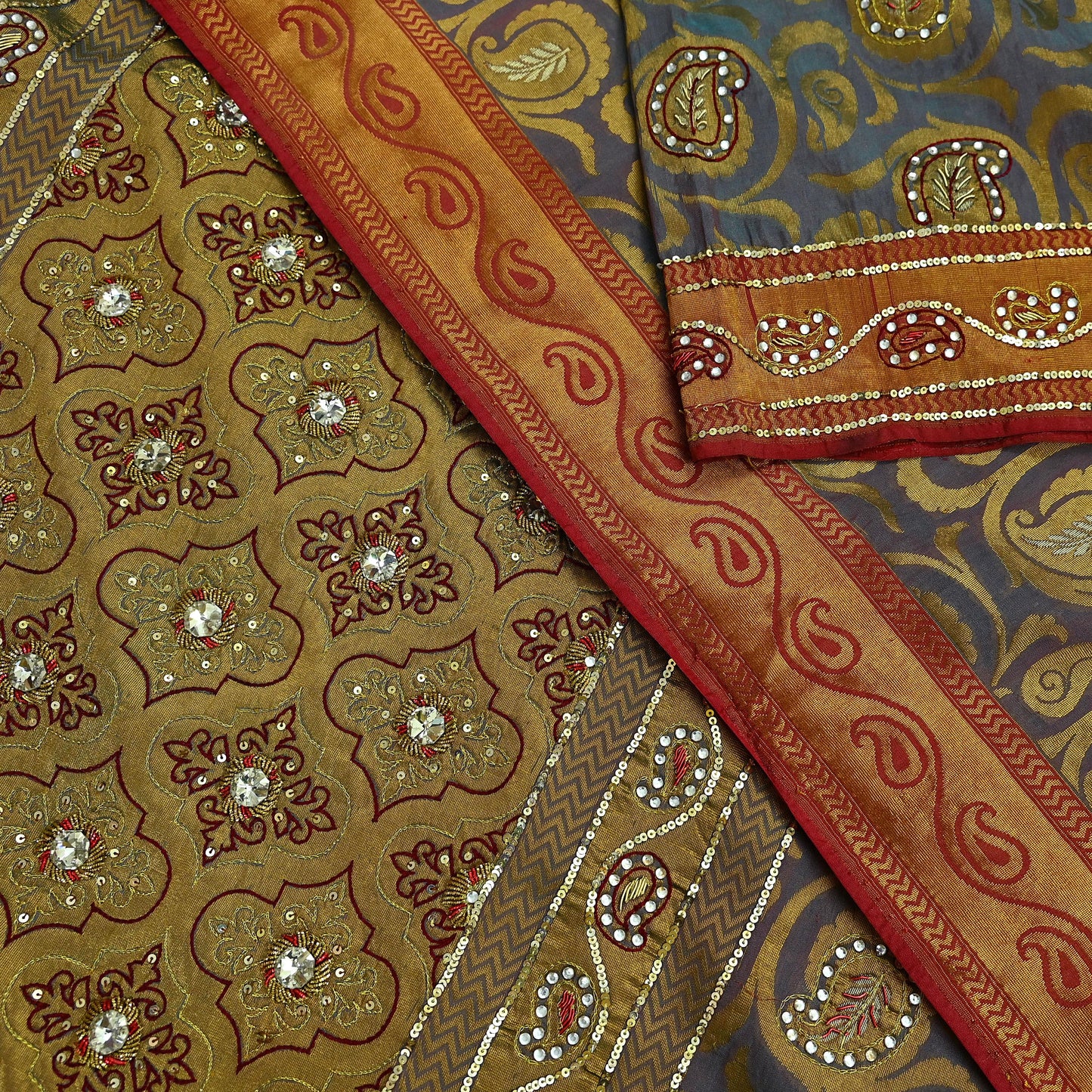 Indian Vintage Kanjivaram Saree Heavy Hand Embroidered Pure Silk Purple & Saffron Bridal Fabric 5 Yards Dress Making Bollywood Sarees