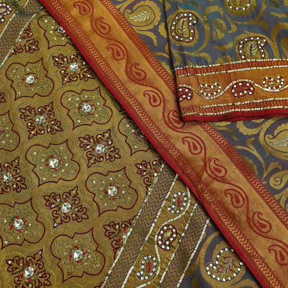 Indian Vintage Kanjivaram Saree Heavy Hand Embroidered Pure Silk Purple & Saffron Bridal Fabric 5 Yards Dress Making Bollywood Sarees