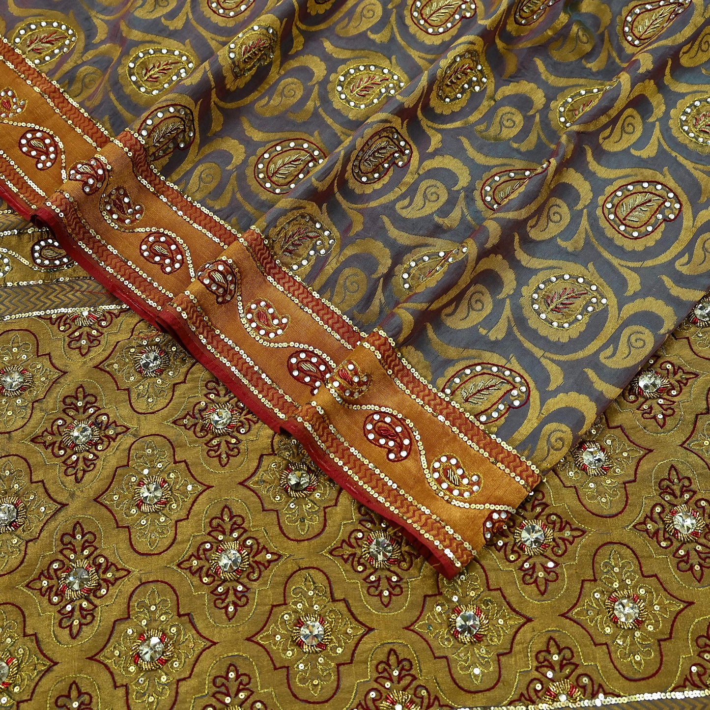 Indian Vintage Kanjivaram Saree Heavy Hand Embroidered Pure Silk Purple & Saffron Bridal Fabric 5 Yards Dress Making Bollywood Sarees