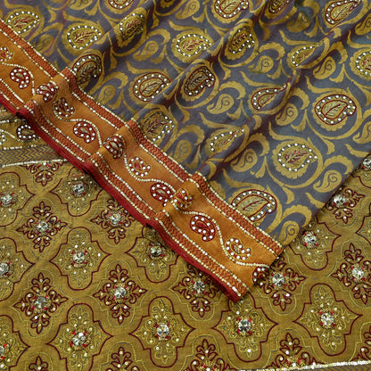 Indian Vintage Kanjivaram Saree Heavy Hand Embroidered Pure Silk Purple & Saffron Bridal Fabric 5 Yards Dress Making Bollywood Sarees