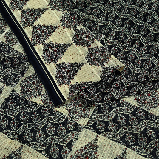 Indian Vintage Sari Beige & Black Printed Pure Cotton Sarees Fabric Floral 5Yd Sarong Wrap Boho Fabric Kimono Soft Dress making Crafting