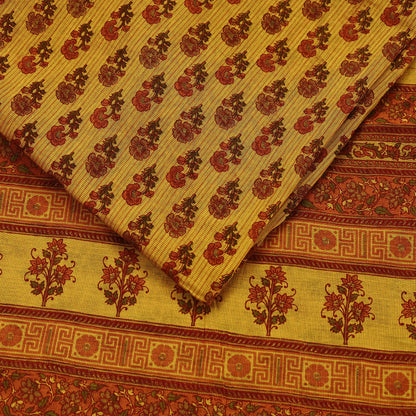 Indian Vintage Saffron Saree Blend Cotton Printed Sari Craft Fabric 5Yd Sewing Sarong Wrap Floral Dress Making Crafting Quilting Upcycle