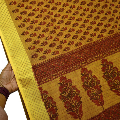 Indian Vintage Saffron Saree Blend Cotton Printed Sari Craft Fabric 5Yd Sewing Sarong Wrap Floral Dress Making Crafting Quilting Upcycle