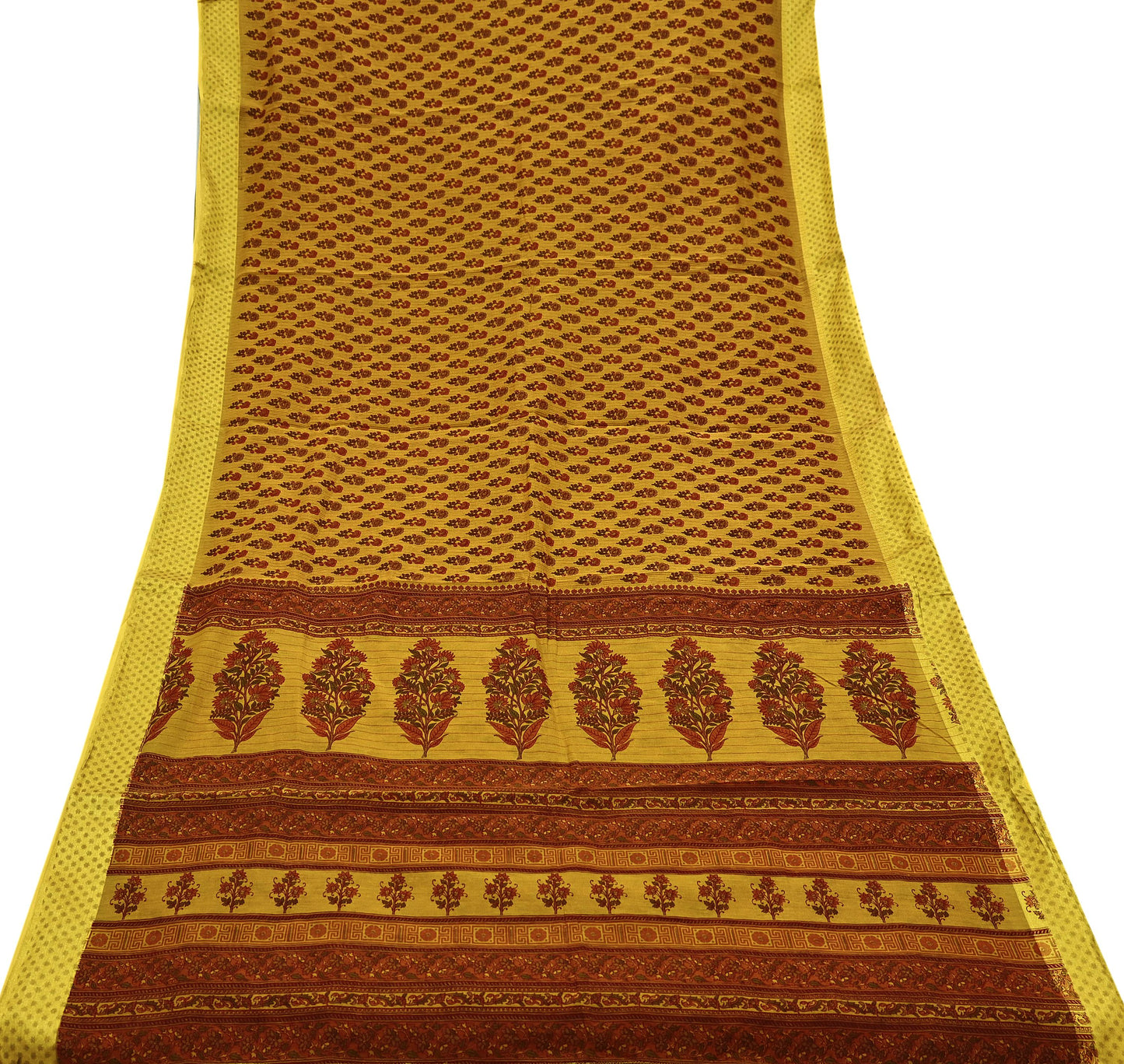 Indian Vintage Saffron Saree Blend Cotton Printed Sari Craft Fabric 5Yd Sewing Sarong Wrap Floral Dress Making Crafting Quilting Upcycle