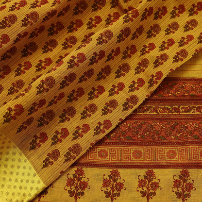 Indian Vintage Saffron Saree Blend Cotton Printed Sari Craft Fabric 5Yd Sewing Sarong Wrap Floral Dress Making Crafting Quilting Upcycle