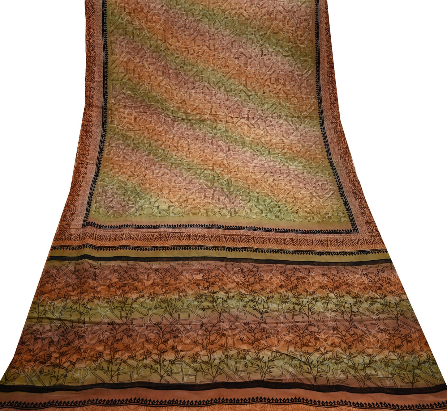 Indian Vintage Sari Green & Brown Pure Crepe Silk Printed Saree 5yd Sewing Floral Soft Craft Fabric Wrap Dress making Crafting Quilting