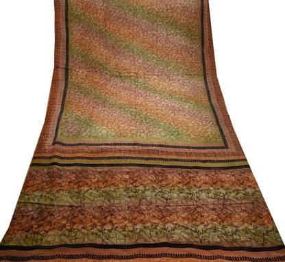 Indian Vintage Sari Green & Brown Pure Crepe Silk Printed Saree 5yd Sewing Floral Soft Craft Fabric Wrap Dress making Crafting Quilting