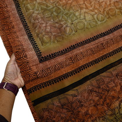 Indian Vintage Sari Green & Brown Pure Crepe Silk Printed Saree 5yd Sewing Floral Soft Craft Fabric Wrap Dress making Crafting Quilting