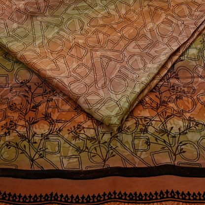 Indian Vintage Sari Green & Brown Pure Crepe Silk Printed Saree 5yd Sewing Floral Soft Craft Fabric Wrap Dress making Crafting Quilting