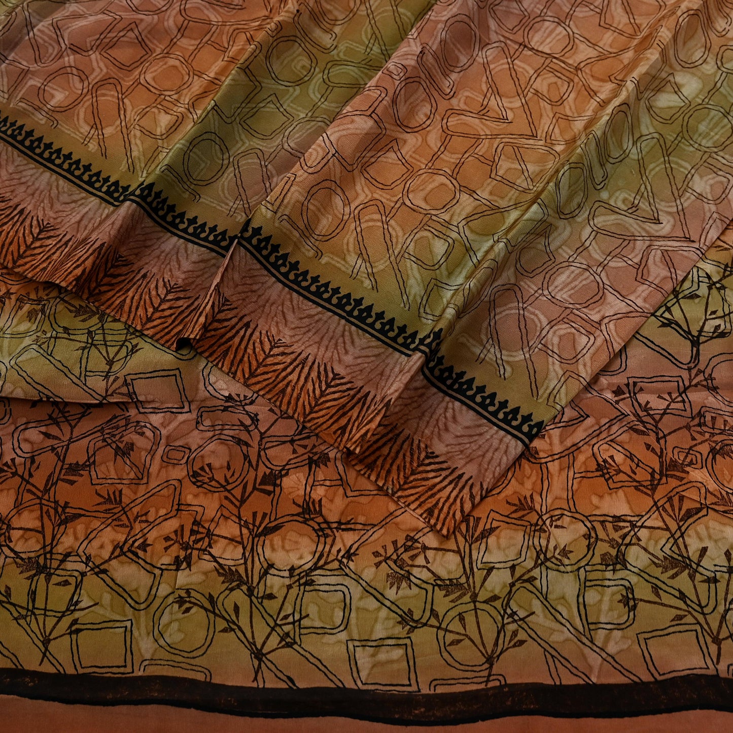 Indian Vintage Sari Green & Brown Pure Crepe Silk Printed Saree 5yd Sewing Floral Soft Craft Fabric Wrap Dress making Crafting Quilting