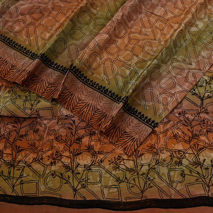 Indian Vintage Sari Green & Brown Pure Crepe Silk Printed Saree 5yd Sewing Floral Soft Craft Fabric Wrap Dress making Crafting Quilting