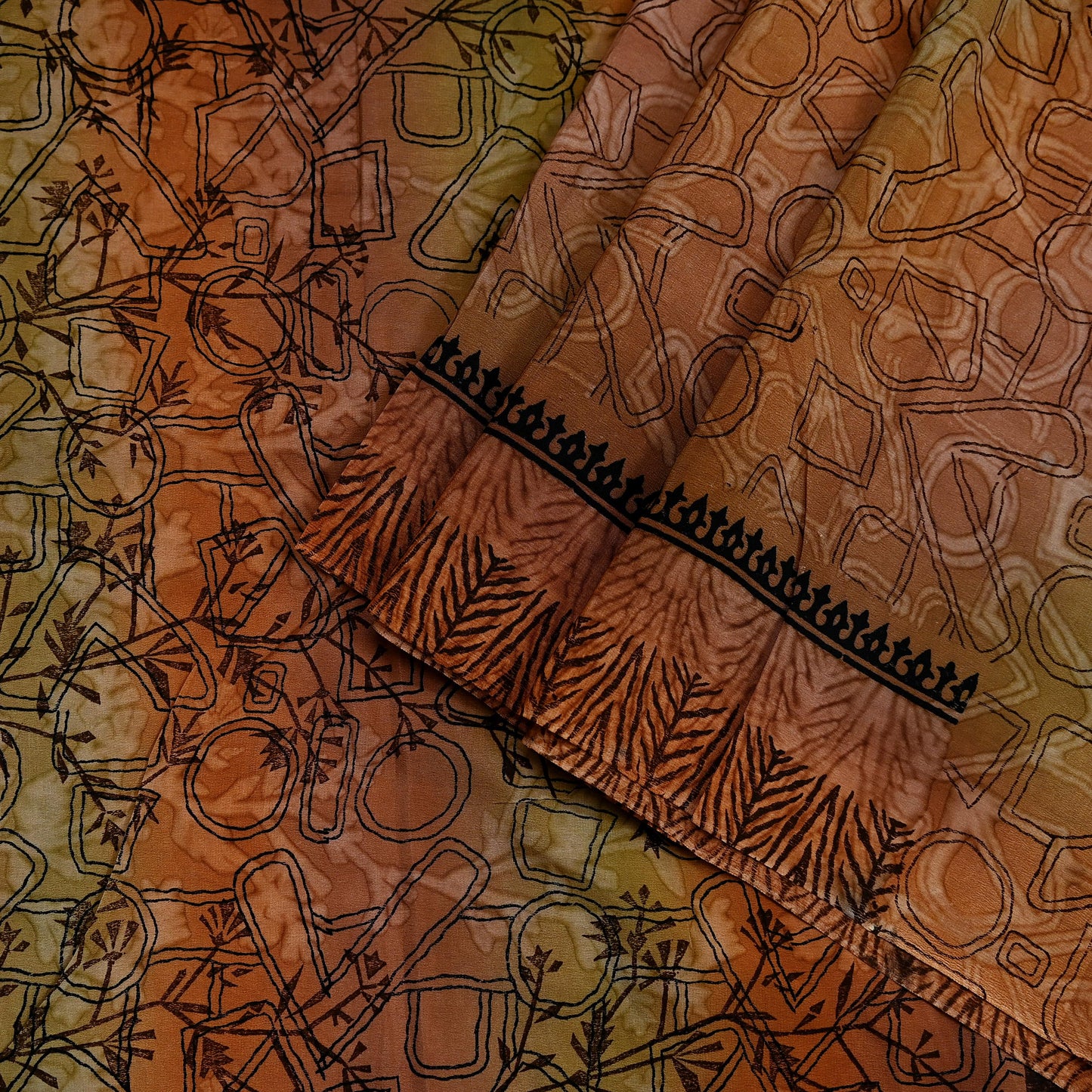 Indian Vintage Sari Green & Brown Pure Crepe Silk Printed Saree 5yd Sewing Floral Soft Craft Fabric Wrap Dress making Crafting Quilting