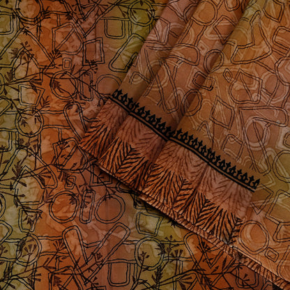 Indian Vintage Sari Green & Brown Pure Crepe Silk Printed Saree 5yd Sewing Floral Soft Craft Fabric Wrap Dress making Crafting Quilting