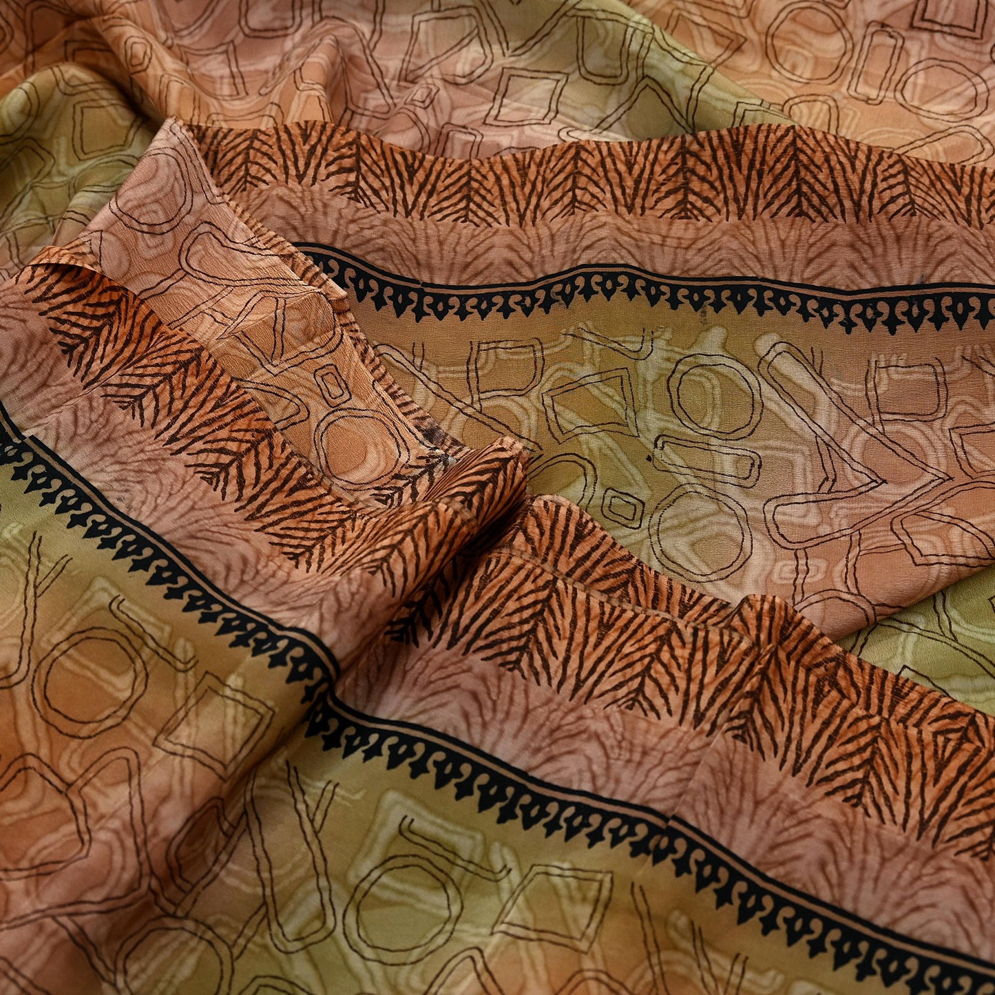 Indian Vintage Sari Green & Brown Pure Crepe Silk Printed Saree 5yd Sewing Floral Soft Craft Fabric Wrap Dress making Crafting Quilting