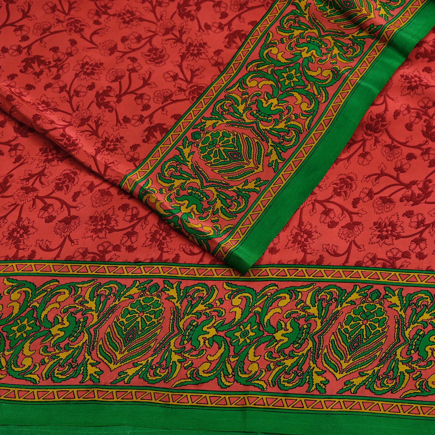 Indian Vintage Sari Green & Orange Pure Crepe Silk Block Printed Sarees 5yd Sewing Soft Craft Fabric Wrap Dress making Crafting Quilting