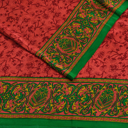 Indian Vintage Sari Green & Orange Pure Crepe Silk Block Printed Sarees 5yd Sewing Soft Craft Fabric Wrap Dress making Crafting Quilting