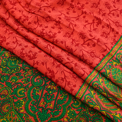 Indian Vintage Sari Green & Orange Pure Crepe Silk Block Printed Sarees 5yd Sewing Soft Craft Fabric Wrap Dress making Crafting Quilting