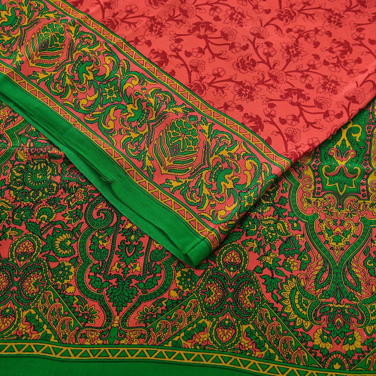 Indian Vintage Sari Green & Orange Pure Crepe Silk Block Printed Sarees 5yd Sewing Soft Craft Fabric Wrap Dress making Crafting Quilting
