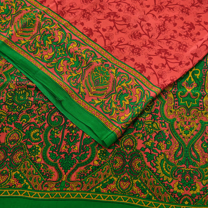Indian Vintage Sari Green & Orange Pure Crepe Silk Block Printed Sarees 5yd Sewing Soft Craft Fabric Wrap Dress making Crafting Quilting