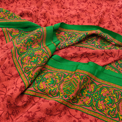 Indian Vintage Sari Green & Orange Pure Crepe Silk Block Printed Sarees 5yd Sewing Soft Craft Fabric Wrap Dress making Crafting Quilting