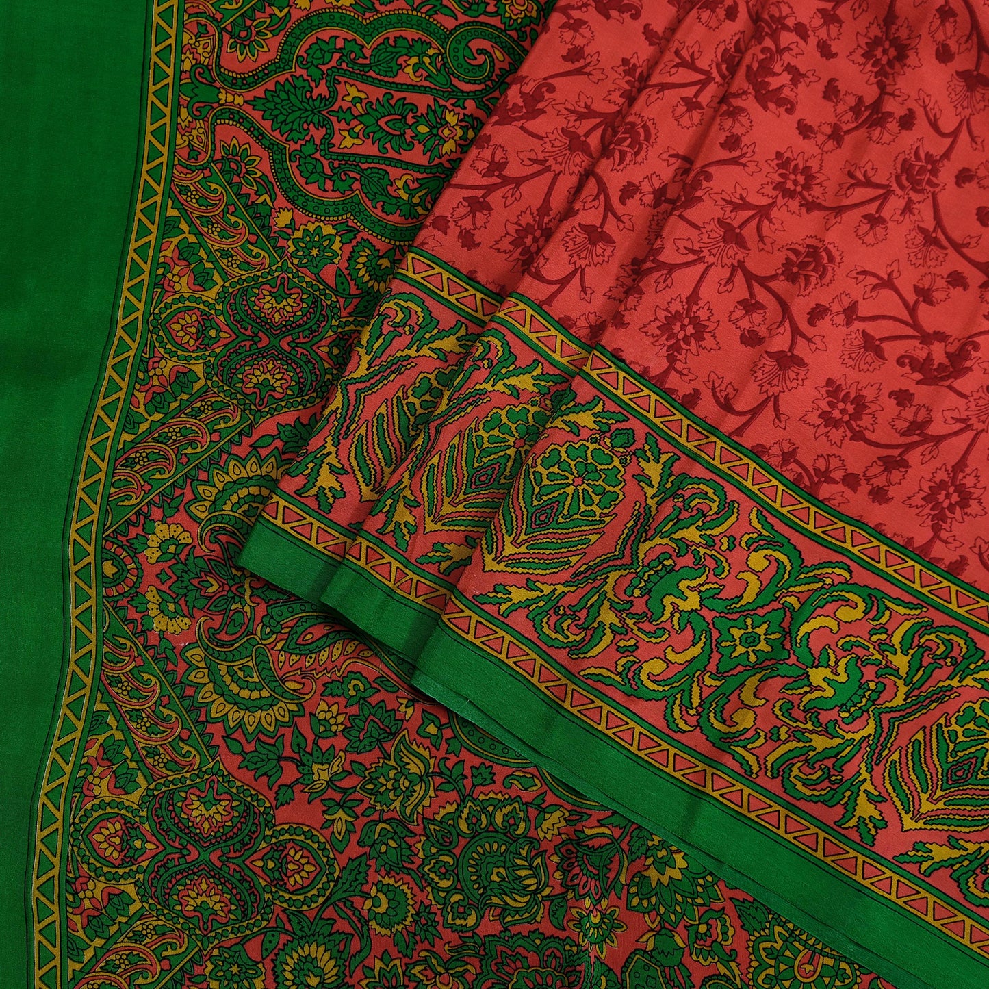 Indian Vintage Sari Green & Orange Pure Crepe Silk Block Printed Sarees 5yd Sewing Soft Craft Fabric Wrap Dress making Crafting Quilting