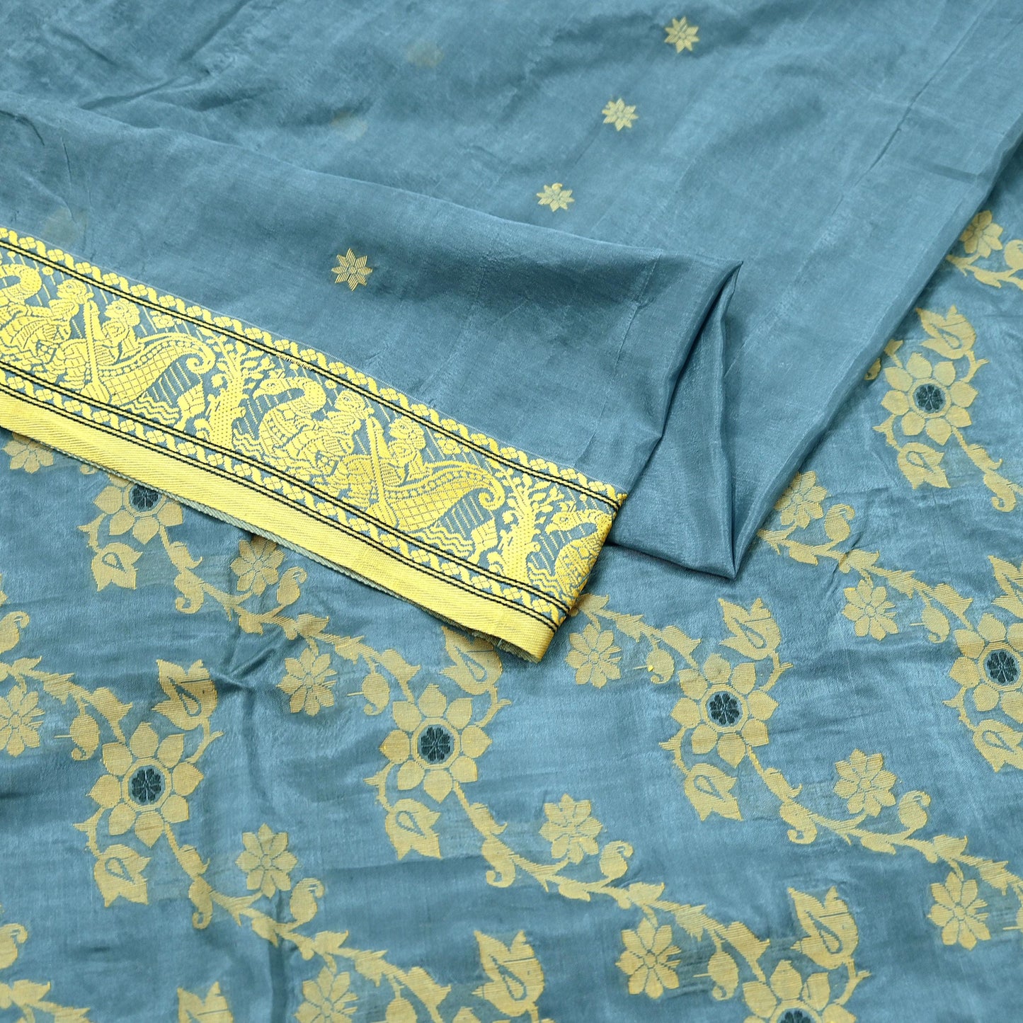 Indian Vintage Sari Gray Artificial Silk Hand Woven Sarees 5yd Ethnic Elephants Craft Fabric Sewing Wedding Sarees Dress making Crafting