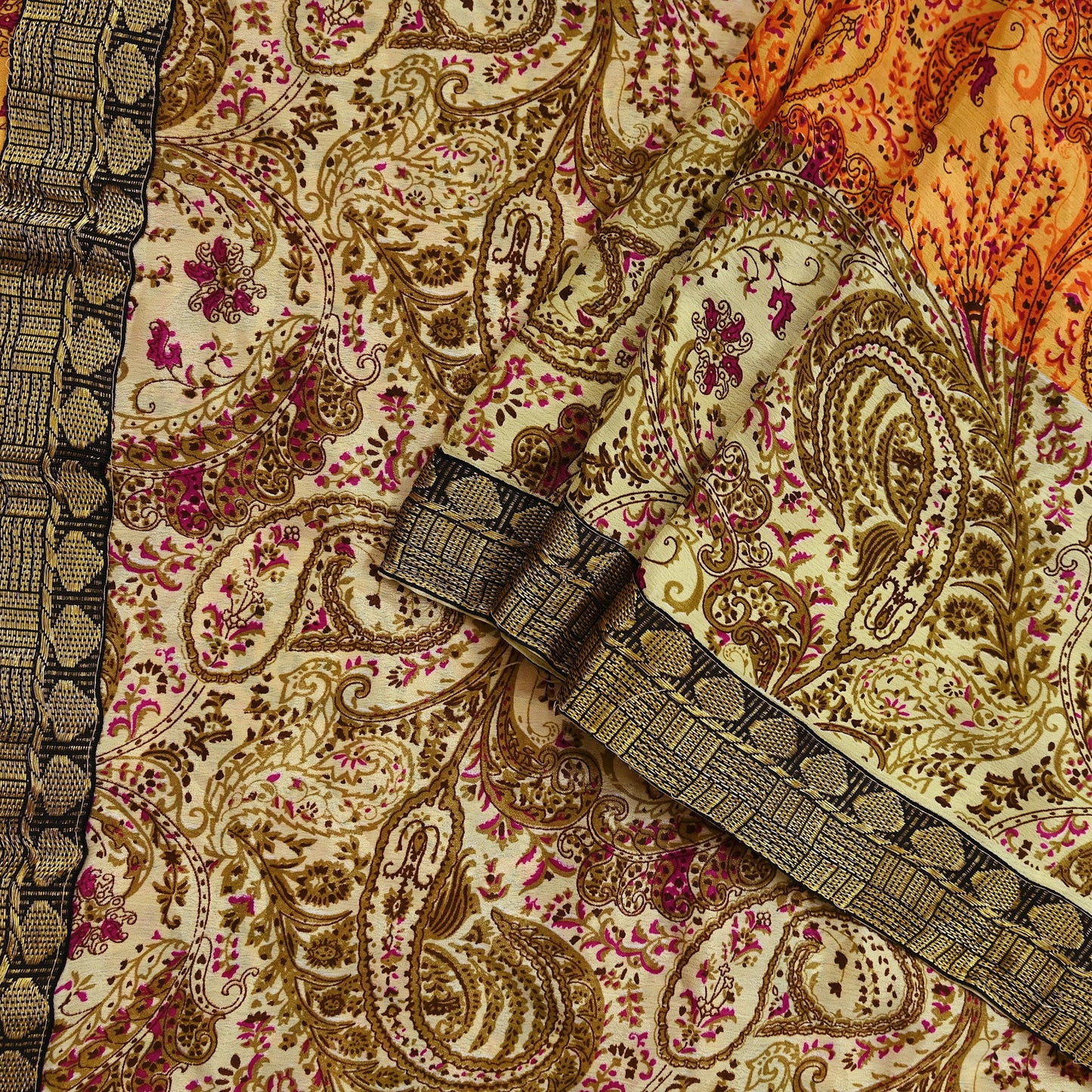 Indian Vintage Saree Beige & Saffron Moss Crepe Printed Sari | 5 Yards | Floral Soft Fabric for Sewing, Dressmaking, Crafting, Quilting