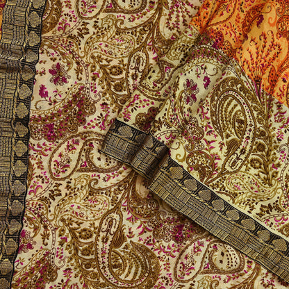 Indian Vintage Saree Beige & Saffron Moss Crepe Printed Sari | 5 Yards | Floral Soft Fabric for Sewing, Dressmaking, Crafting, Quilting