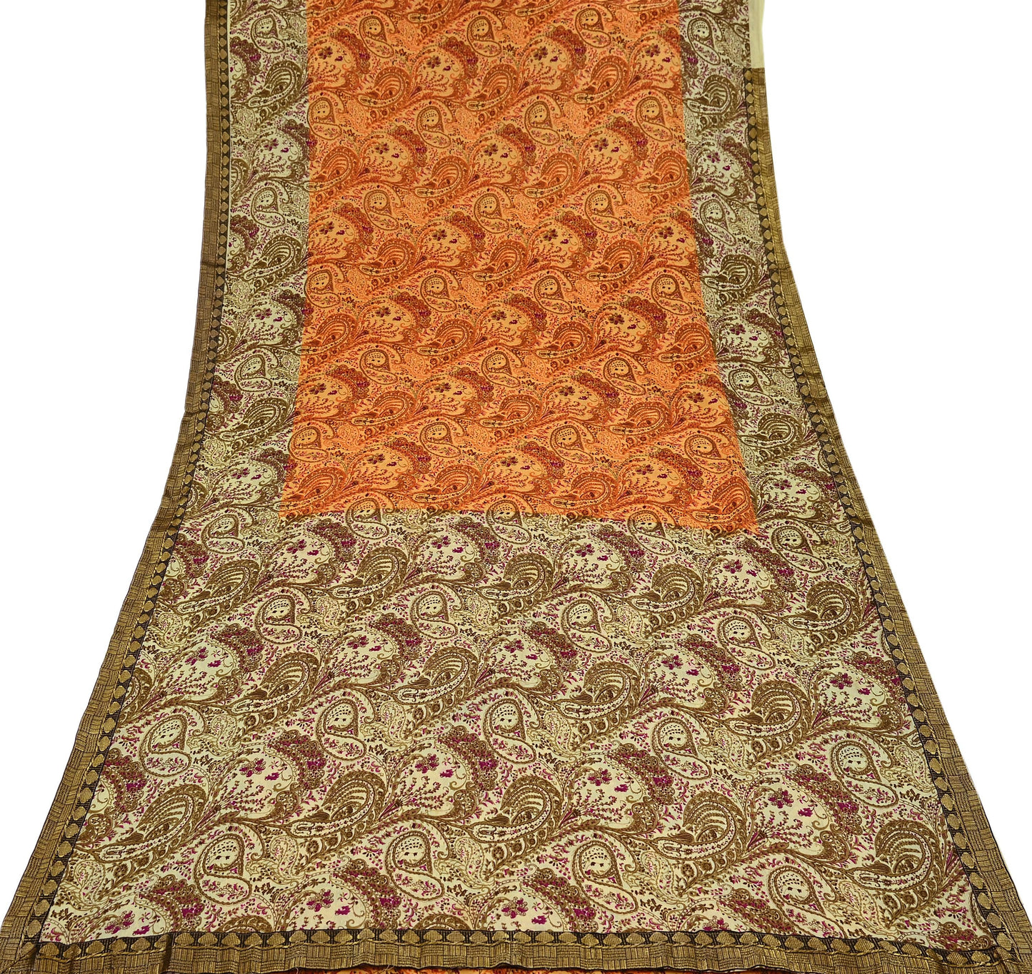 Indian Vintage Saree Beige & Saffron Moss Crepe Printed Sari | 5 Yards | Floral Soft Fabric for Sewing, Dressmaking, Crafting, Quilting