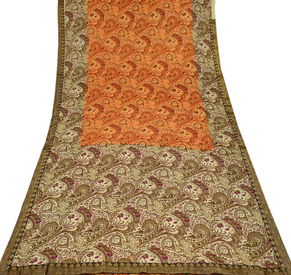 Indian Vintage Saree Beige & Saffron Moss Crepe Printed Sari | 5 Yards | Floral Soft Fabric for Sewing, Dressmaking, Crafting, Quilting
