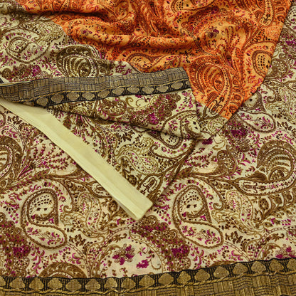 Indian Vintage Saree Beige & Saffron Moss Crepe Printed Sari | 5 Yards | Floral Soft Fabric for Sewing, Dressmaking, Crafting, Quilting