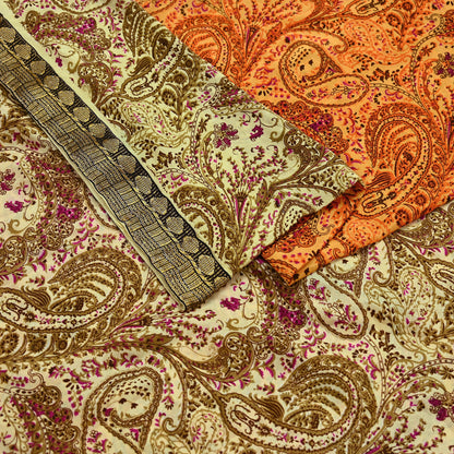 Indian Vintage Saree Beige & Saffron Moss Crepe Printed Sari | 5 Yards | Floral Soft Fabric for Sewing, Dressmaking, Crafting, Quilting