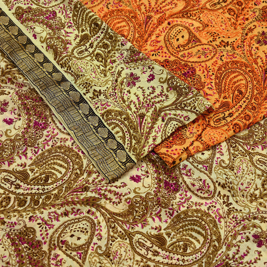 Indian Vintage Saree Beige & Saffron Moss Crepe Printed Sari | 5 Yards | Floral Soft Fabric for Sewing, Dressmaking, Crafting, Quilting