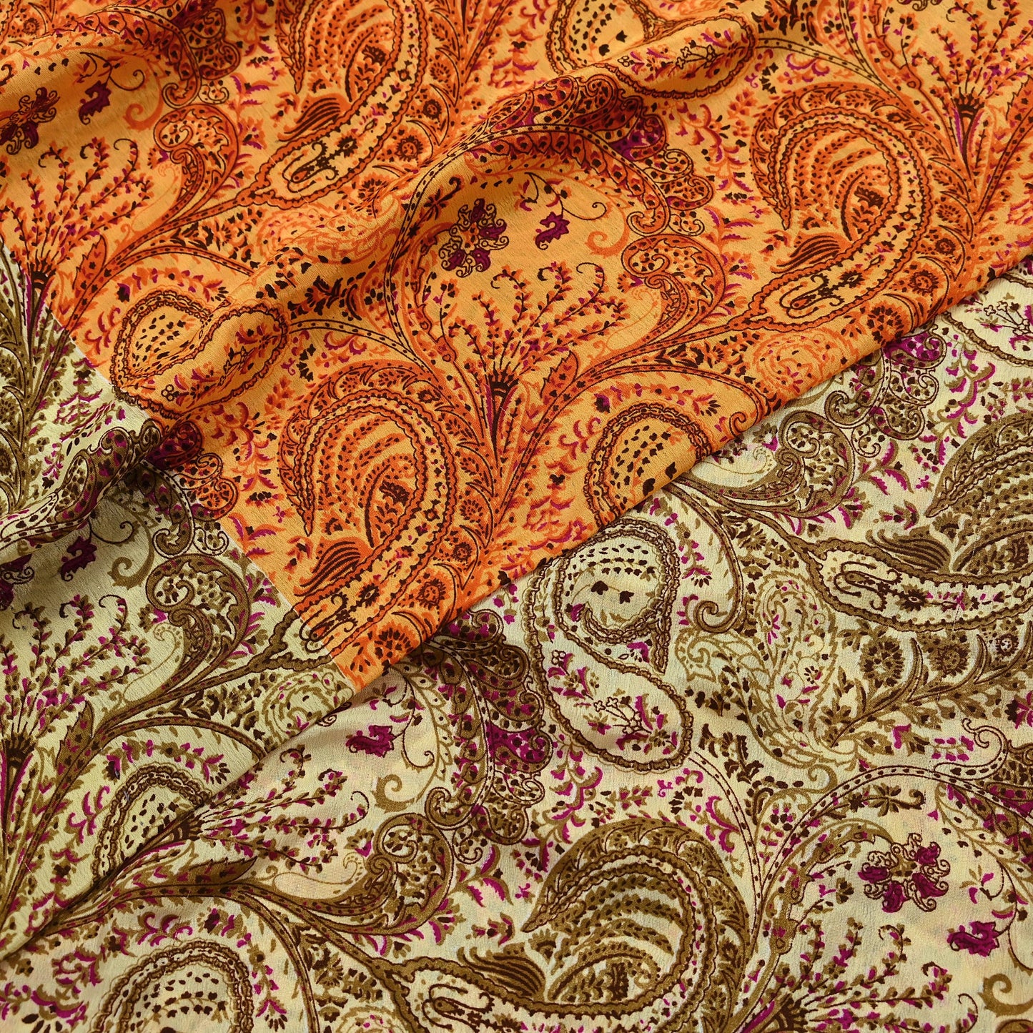 Indian Vintage Saree Beige & Saffron Moss Crepe Printed Sari | 5 Yards | Floral Soft Fabric for Sewing, Dressmaking, Crafting, Quilting