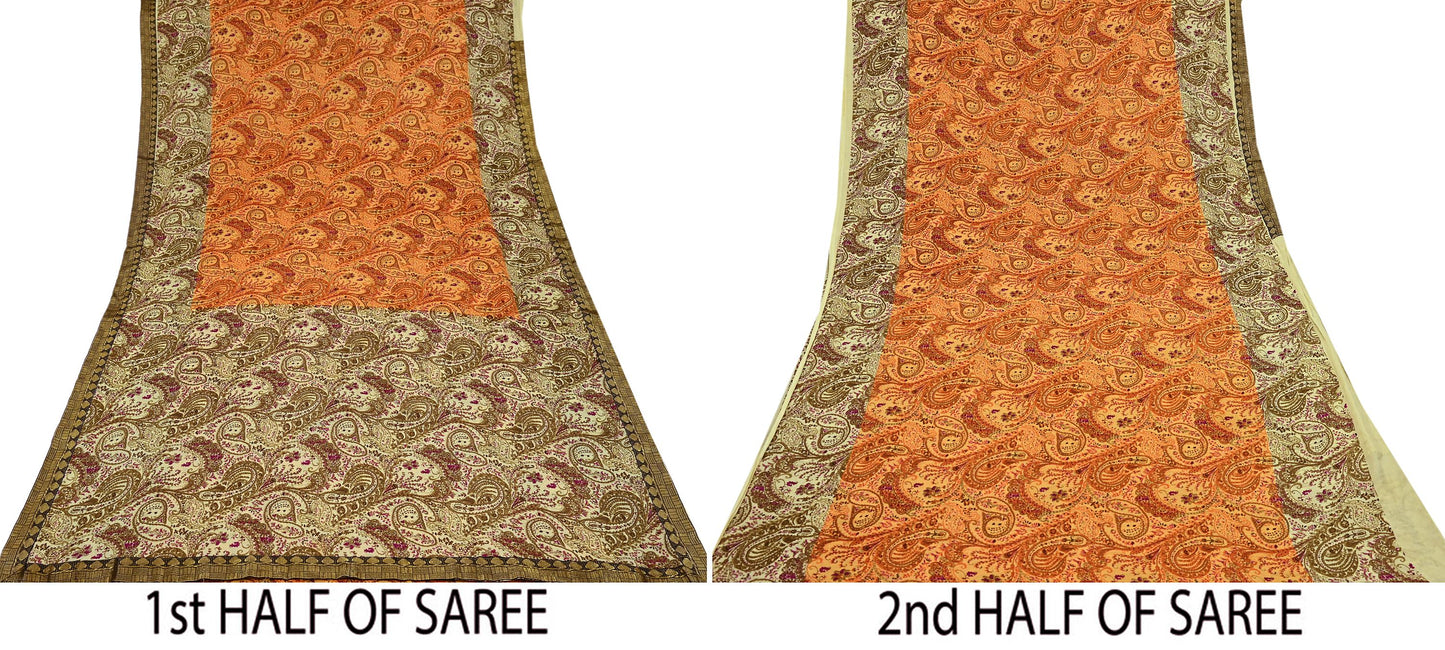 Indian Vintage Saree Beige & Saffron Moss Crepe Printed Sari | 5 Yards | Floral Soft Fabric for Sewing, Dressmaking, Crafting, Quilting