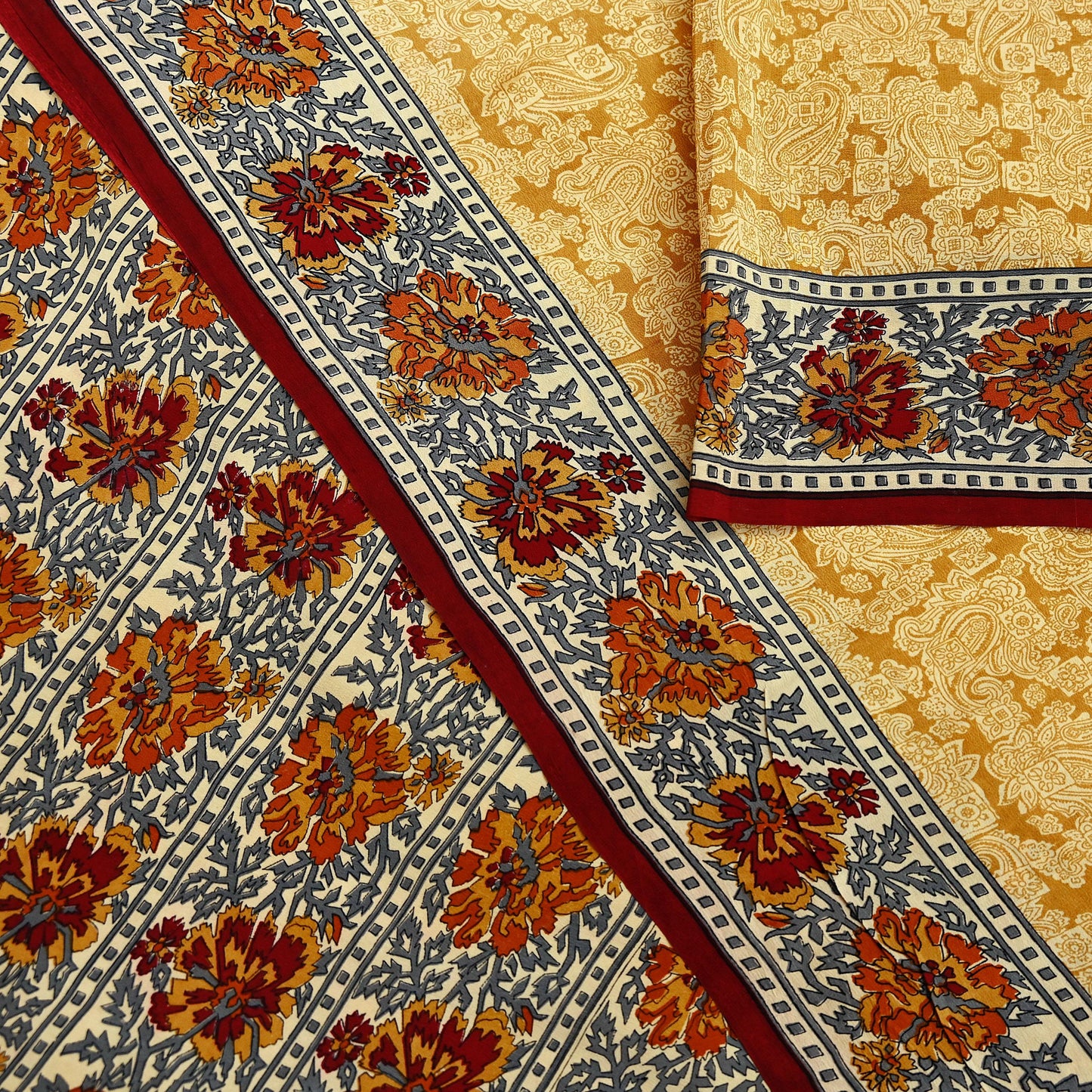 Indian Vintage Pure Crepe Silk Saree | Floral Print | 5 Yards | Soft Sewing Fabric for Dressmaking, Quilting, Crafting & Upcycling