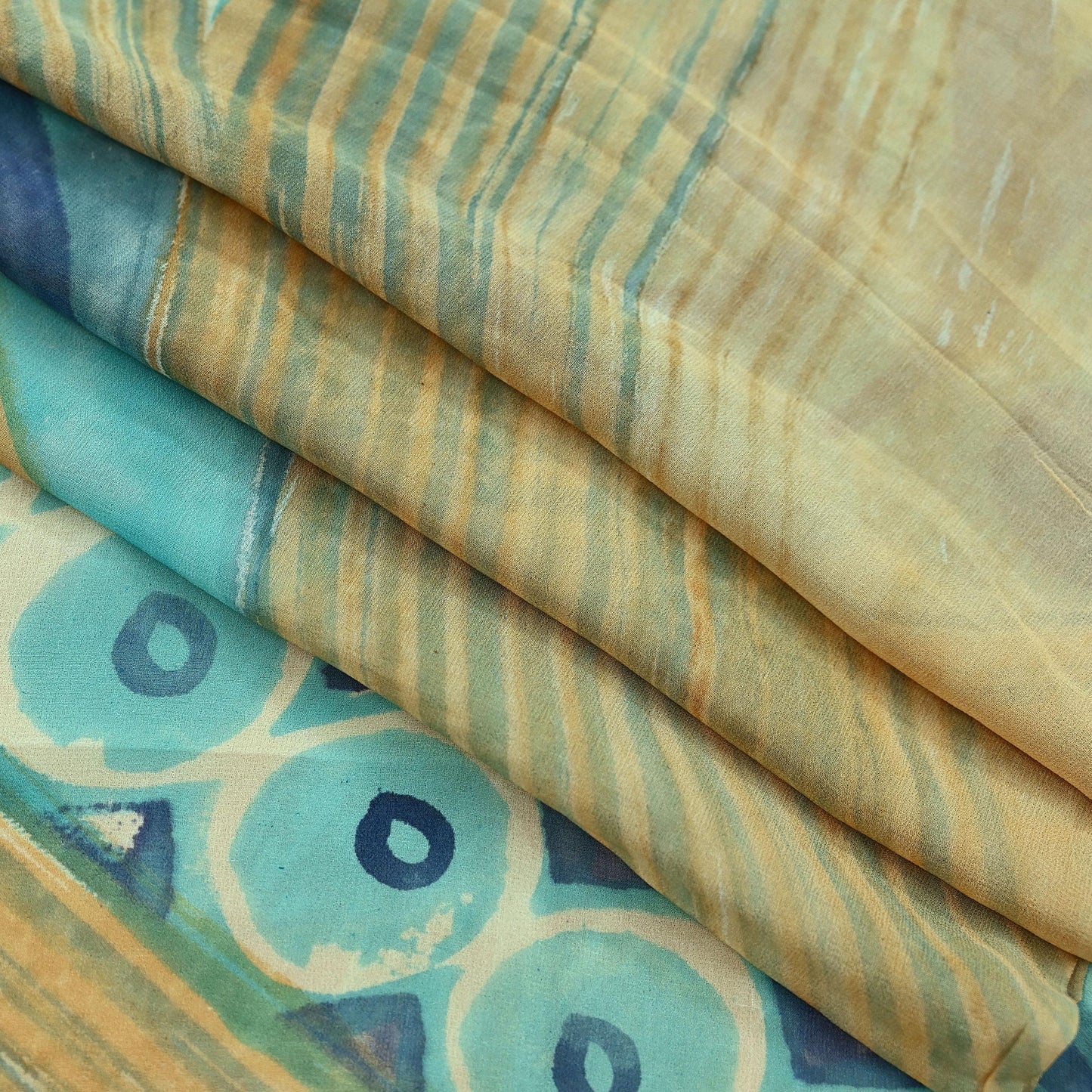 Women Vintage Sari Beige & Green 100% Pure Georgette Silk Block Printed Saree Craft Fabric Sewing 5Yd Soft Dress Making Quilting Upcycle